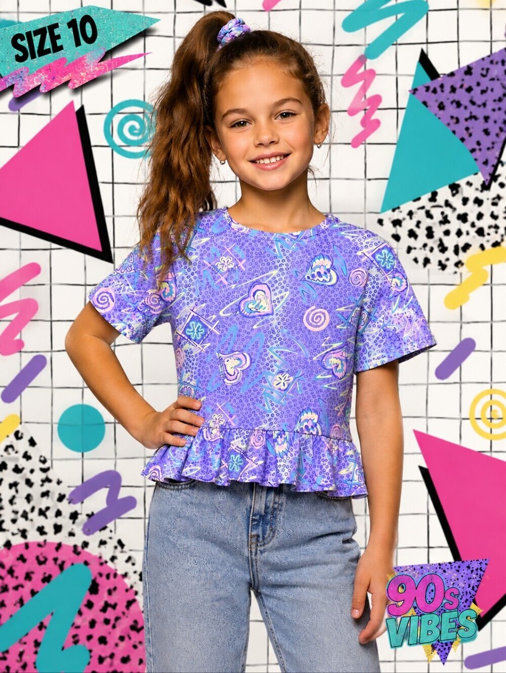 Vinrage 90s Break Out Girls' Purple Patterned Peplum Shirt